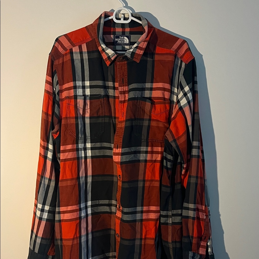 The North Face Men's Orange and Gray Flannel Plaid Shirt XL